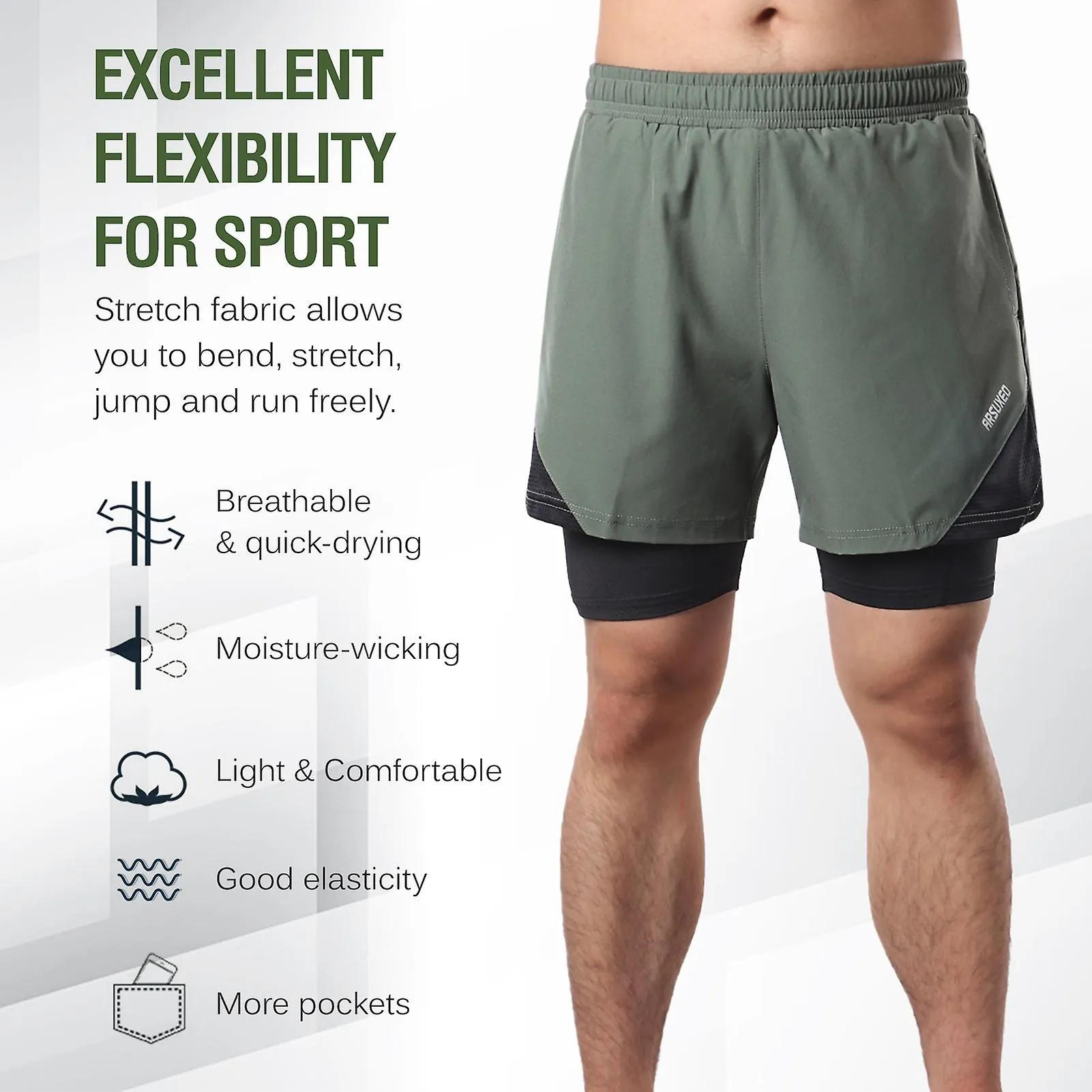 2IN1 MEN RUNNING SHORTS WITH TOWEL LOOP POCKETS QUICK DRY EXERCISE SHORTS FOR TRAINING GYM WORKOUT