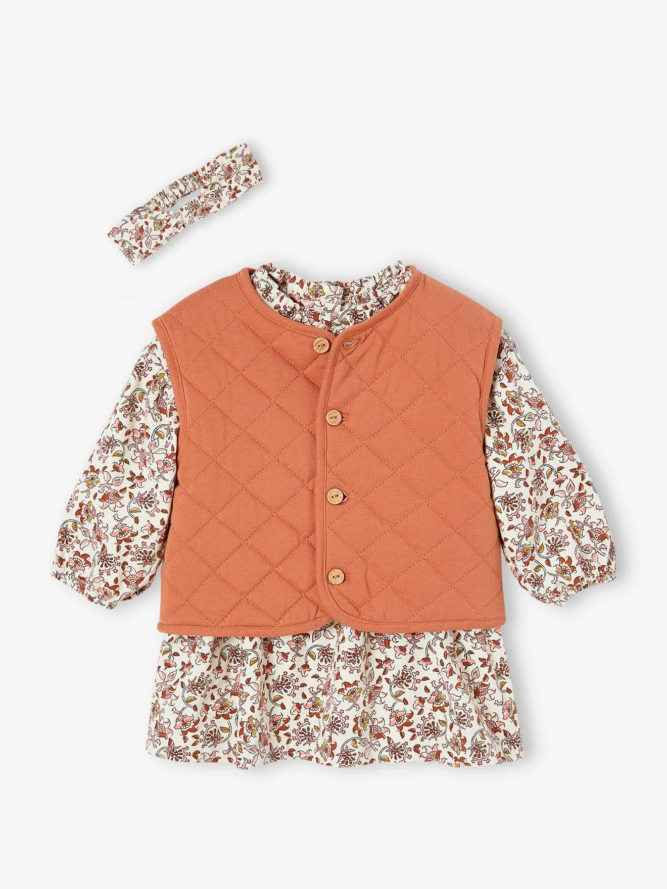 Conjunto 3 prendas para bebé: chaleco acolchado, vestido y cinta del pelo de terciopelo