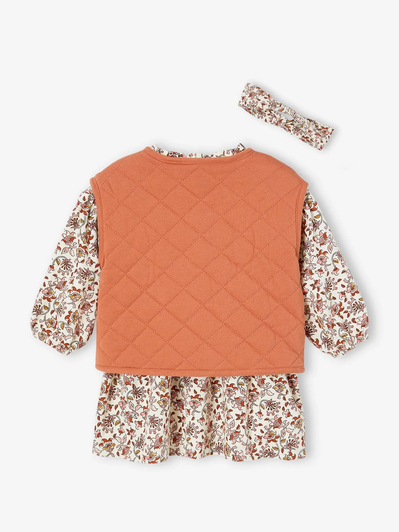 Conjunto 3 prendas para bebé: chaleco acolchado, vestido y cinta del pelo de terciopelo