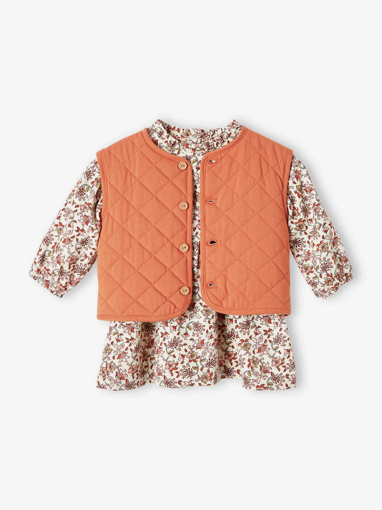 Conjunto 3 prendas para bebé: chaleco acolchado, vestido y cinta del pelo de terciopelo