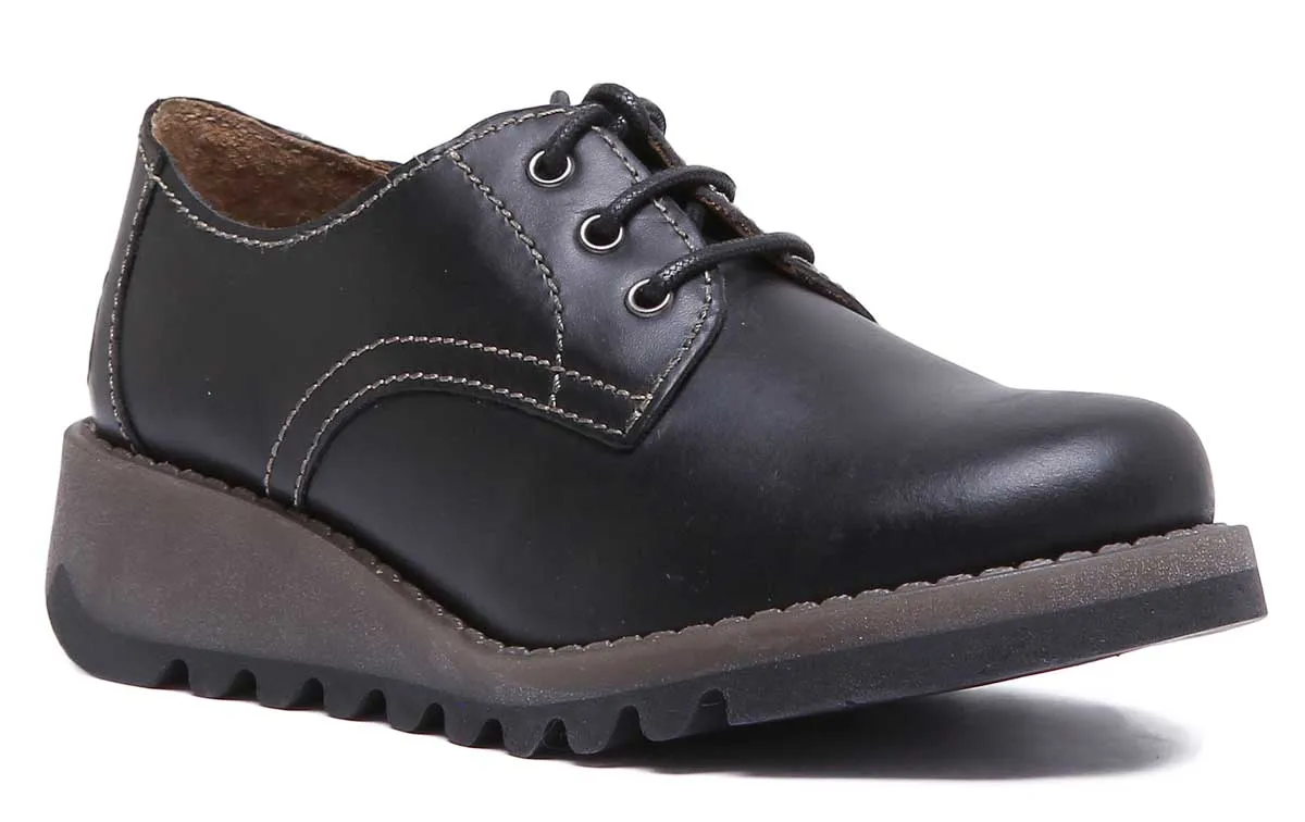 Fly London Simb K Zapatos de tacón de cuña de piel para niños en charol negro
