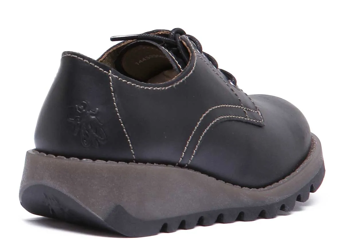 Fly London Simb K Zapatos de tacón de cuña de piel para niños en charol negro