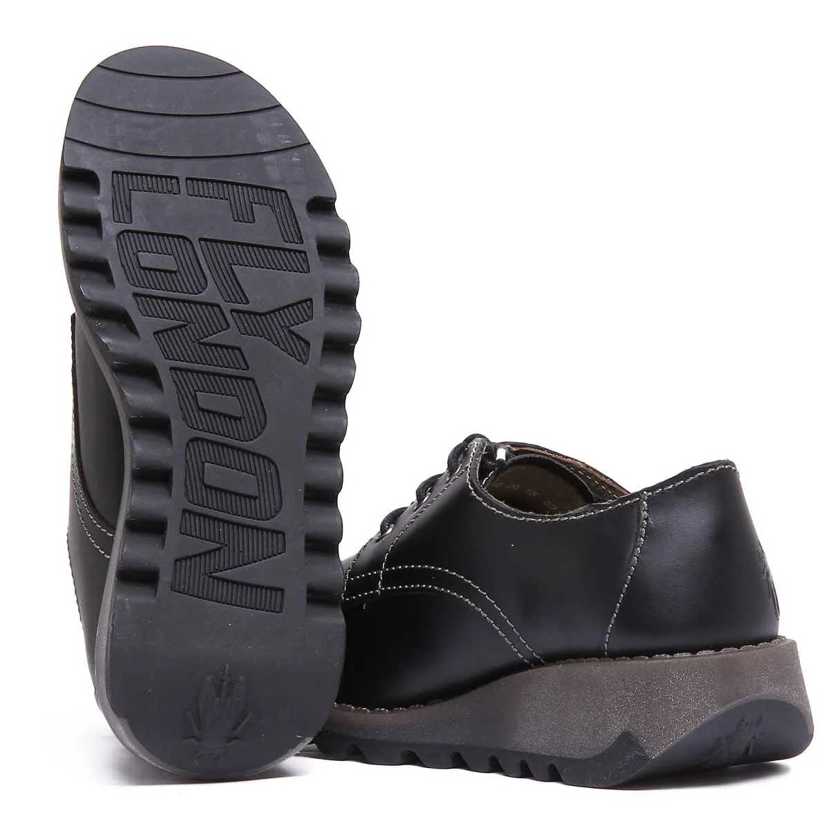Fly London Simb K Zapatos de tacón de cuña de piel para niños en charol negro