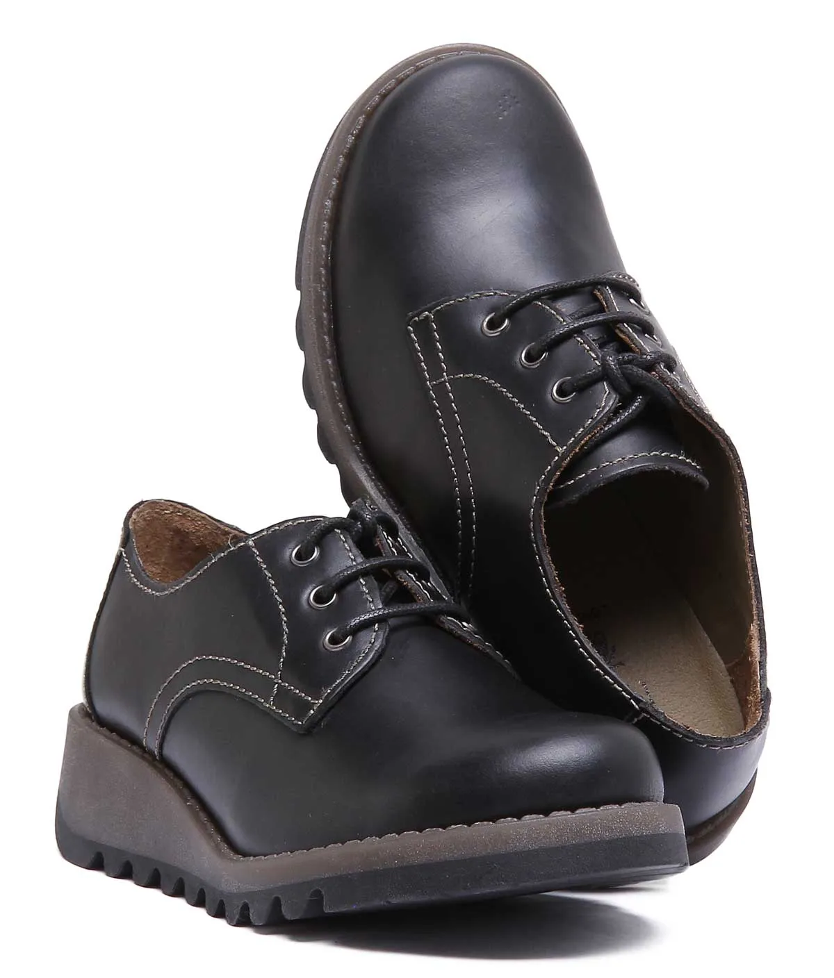 Fly London Simb K Zapatos de tacón de cuña de piel para niños en charol negro