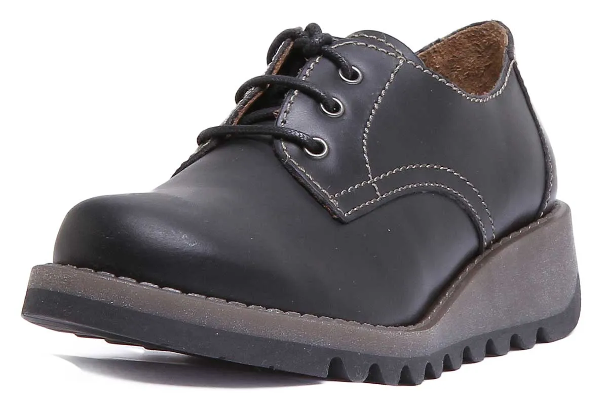 Fly London Simb K Zapatos de tacón de cuña de piel para niños en charol negro