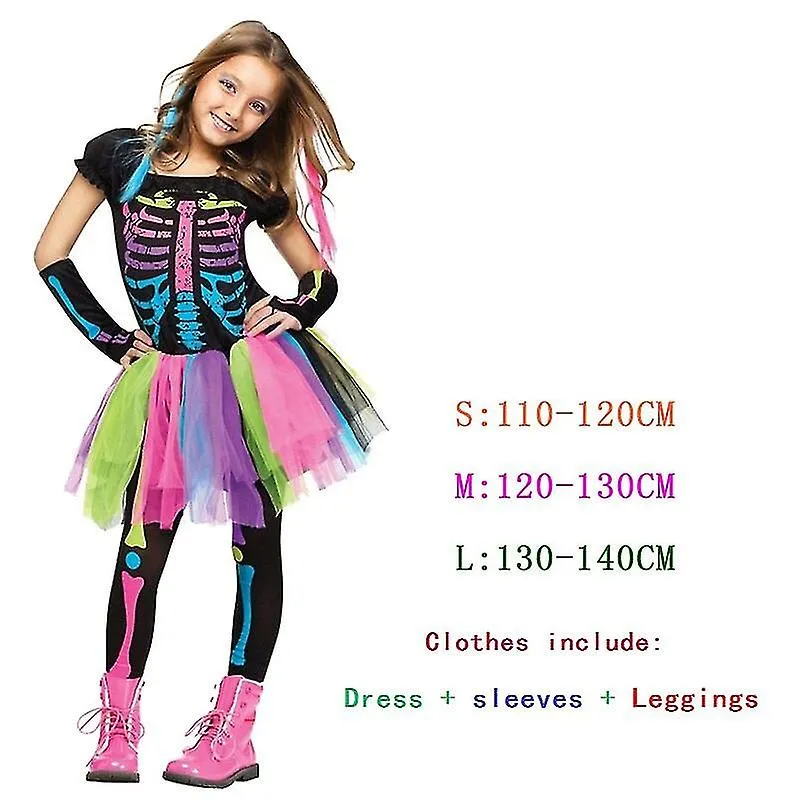 Halloween Scary Dress Costume Ball Zombie Girls Rainbow Skeleton Ghost Clothes Cosplay