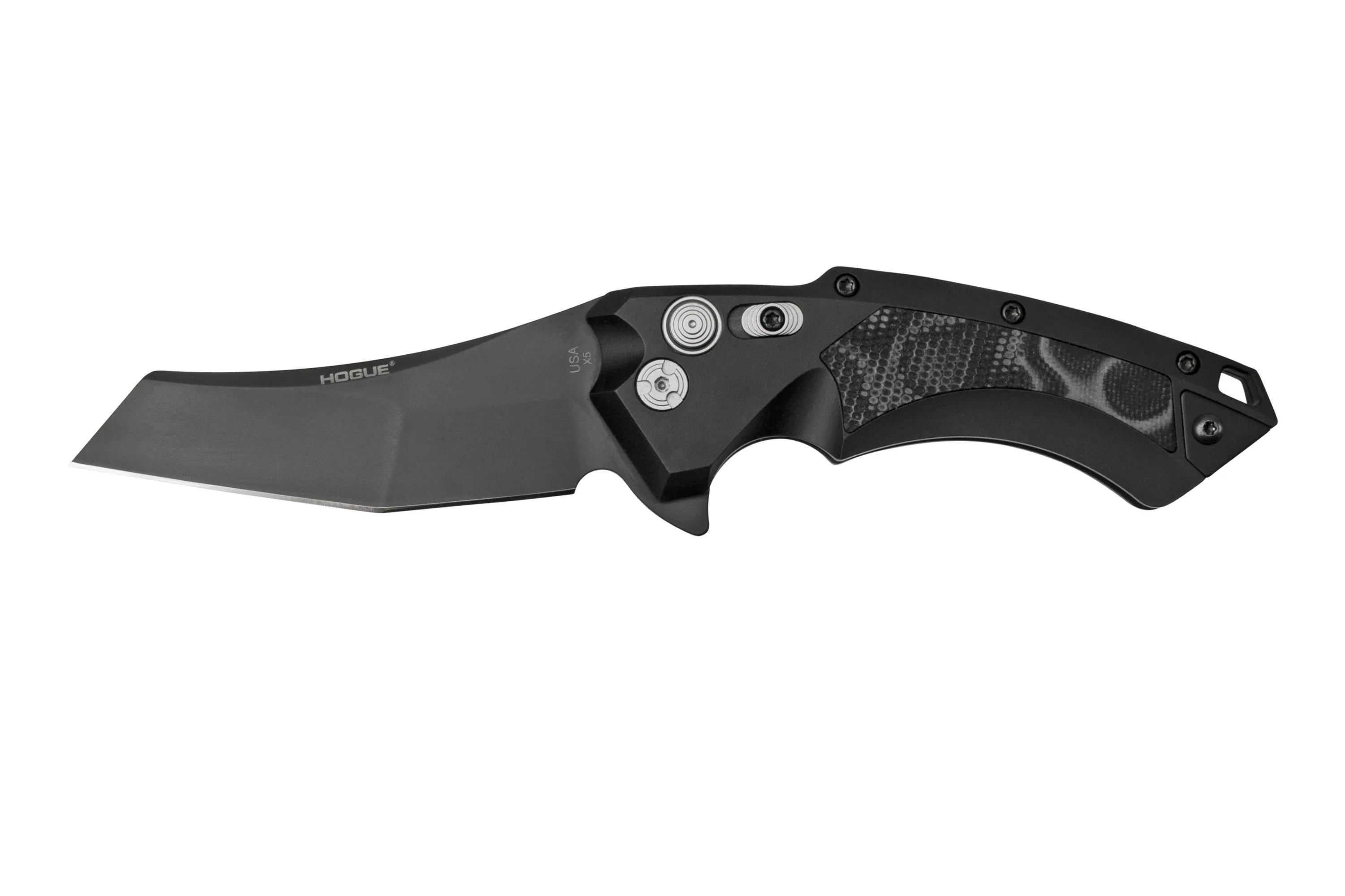 Hogue X5 3.5" Wharncliffe 34569 Buttonlock Flipper navaja, Black Finish