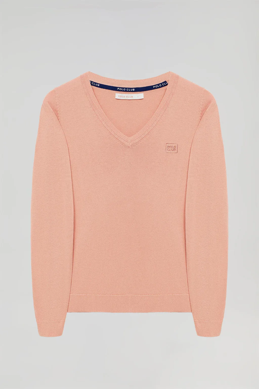 Jersey básico rosa palo de cuello pico y logo bordado al tono