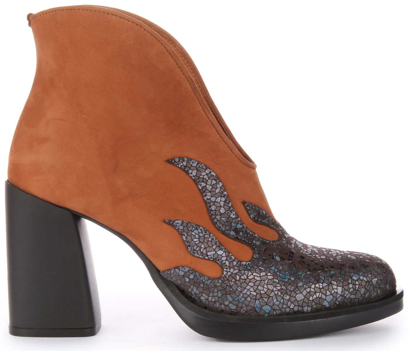 JUSTINREESS Lilibet Zapatos de tacón alto de cuero de 3,5 pulgadas para mujer en marrón azul