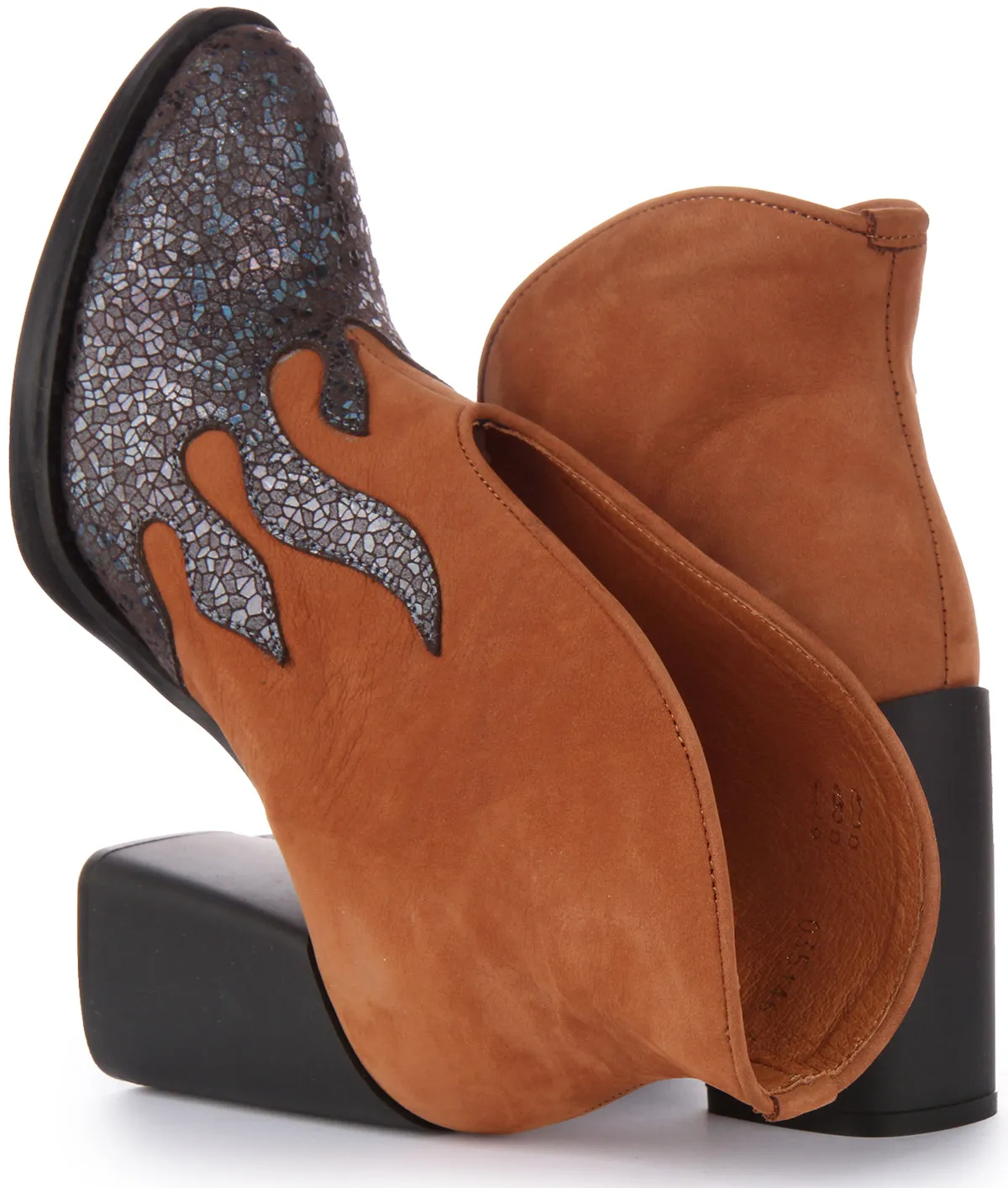JUSTINREESS Lilibet Zapatos de tacón alto de cuero de 3,5 pulgadas para mujer en marrón azul