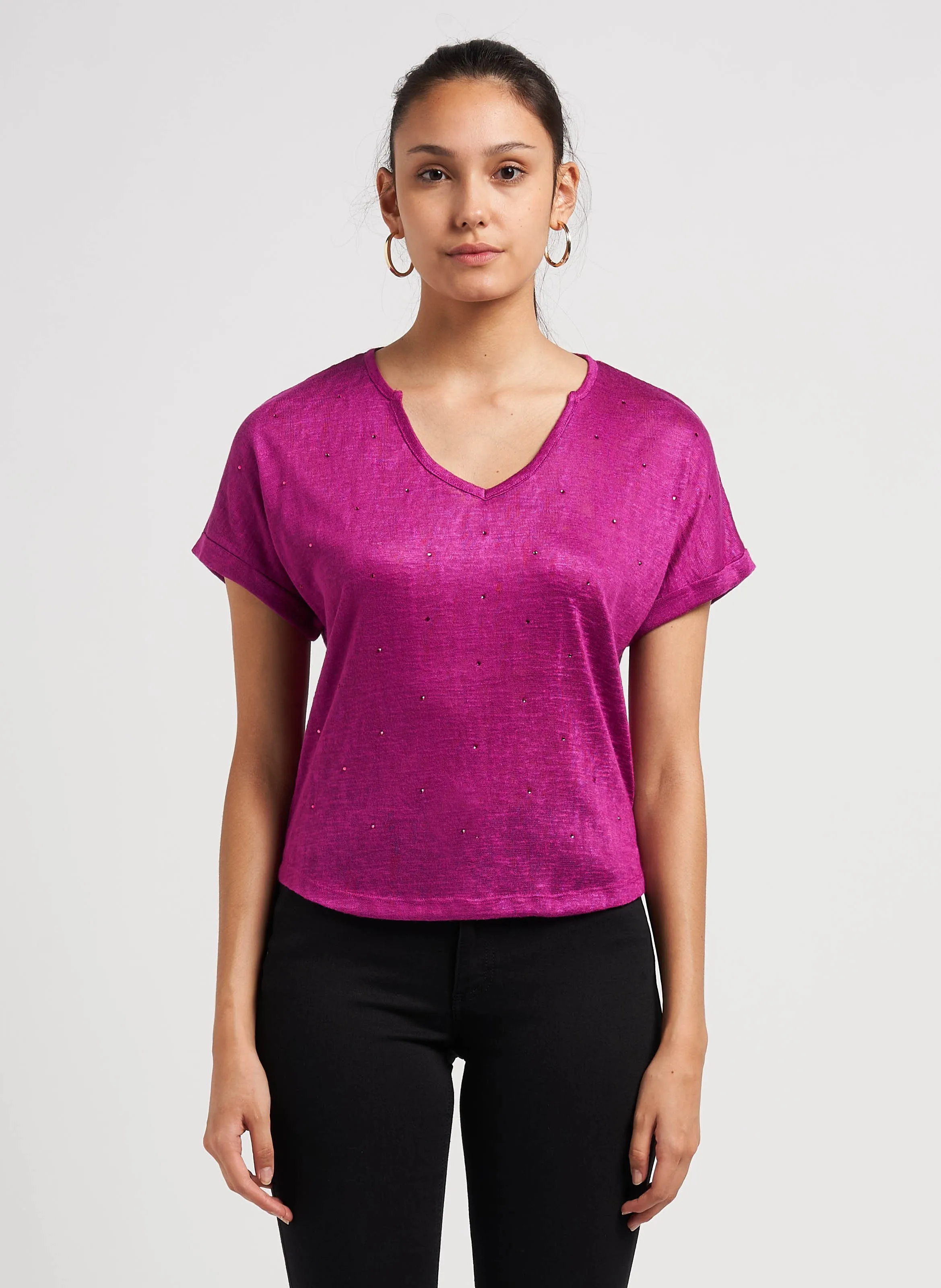 LE TEMPS DES CERISES BIBOU  CAMISETA CUELLO TUNECINO CON STRASS EN ROSA