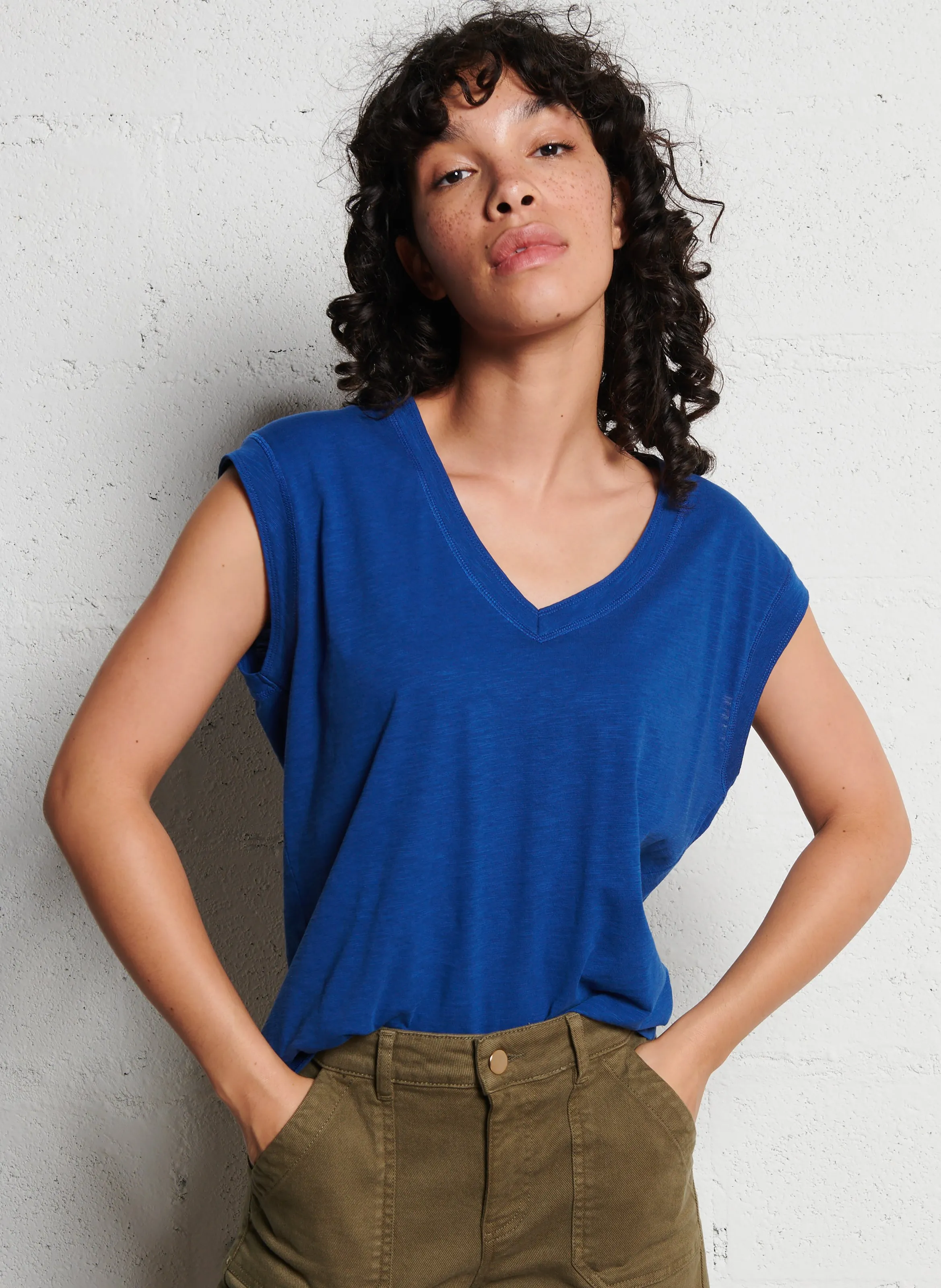 MAISON 123 DELYA  CAMISETA SIN MANGAS DE ALGODóN JASPEADO EN AZUL