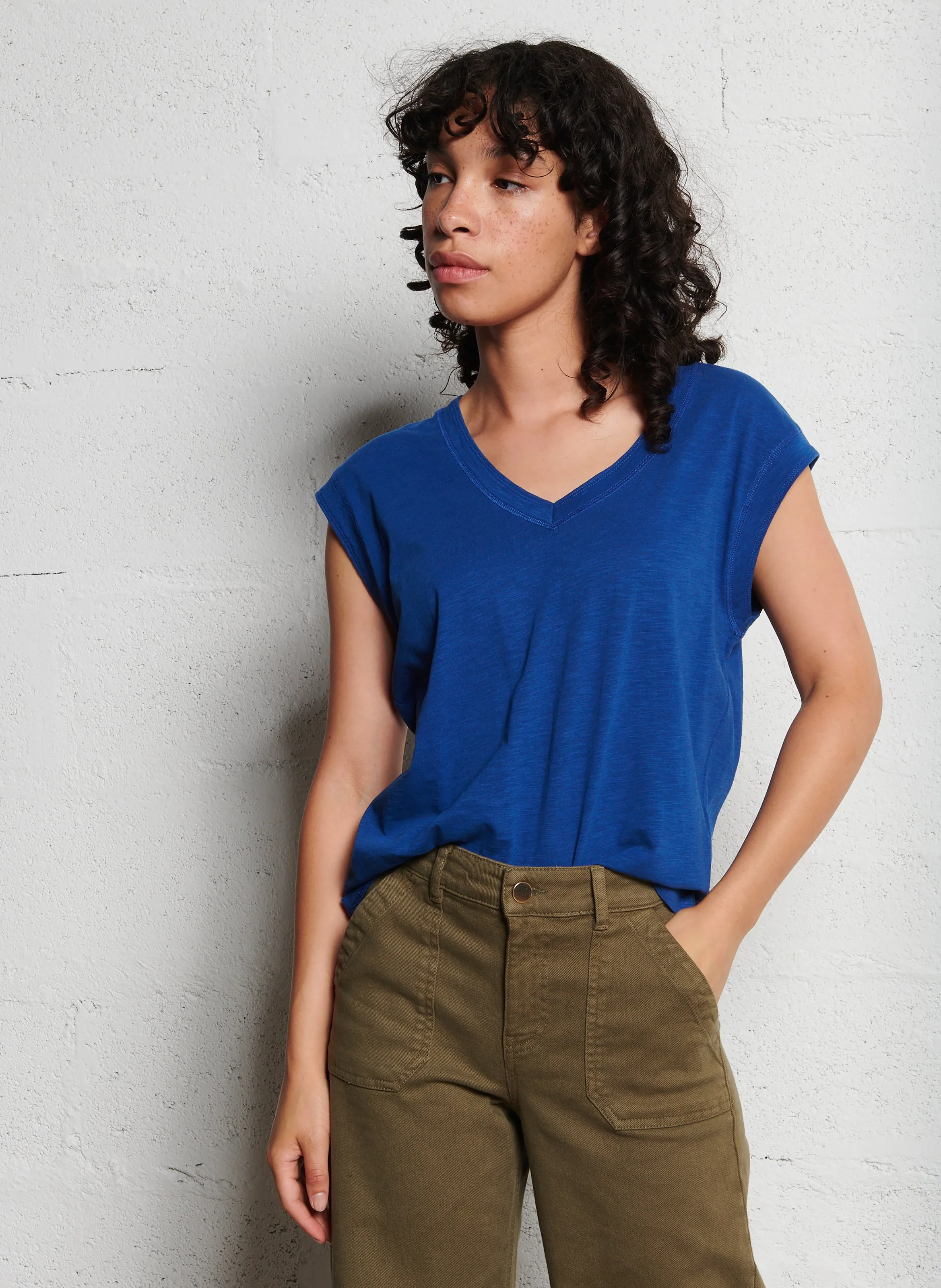 MAISON 123 DELYA  CAMISETA SIN MANGAS DE ALGODóN JASPEADO EN AZUL