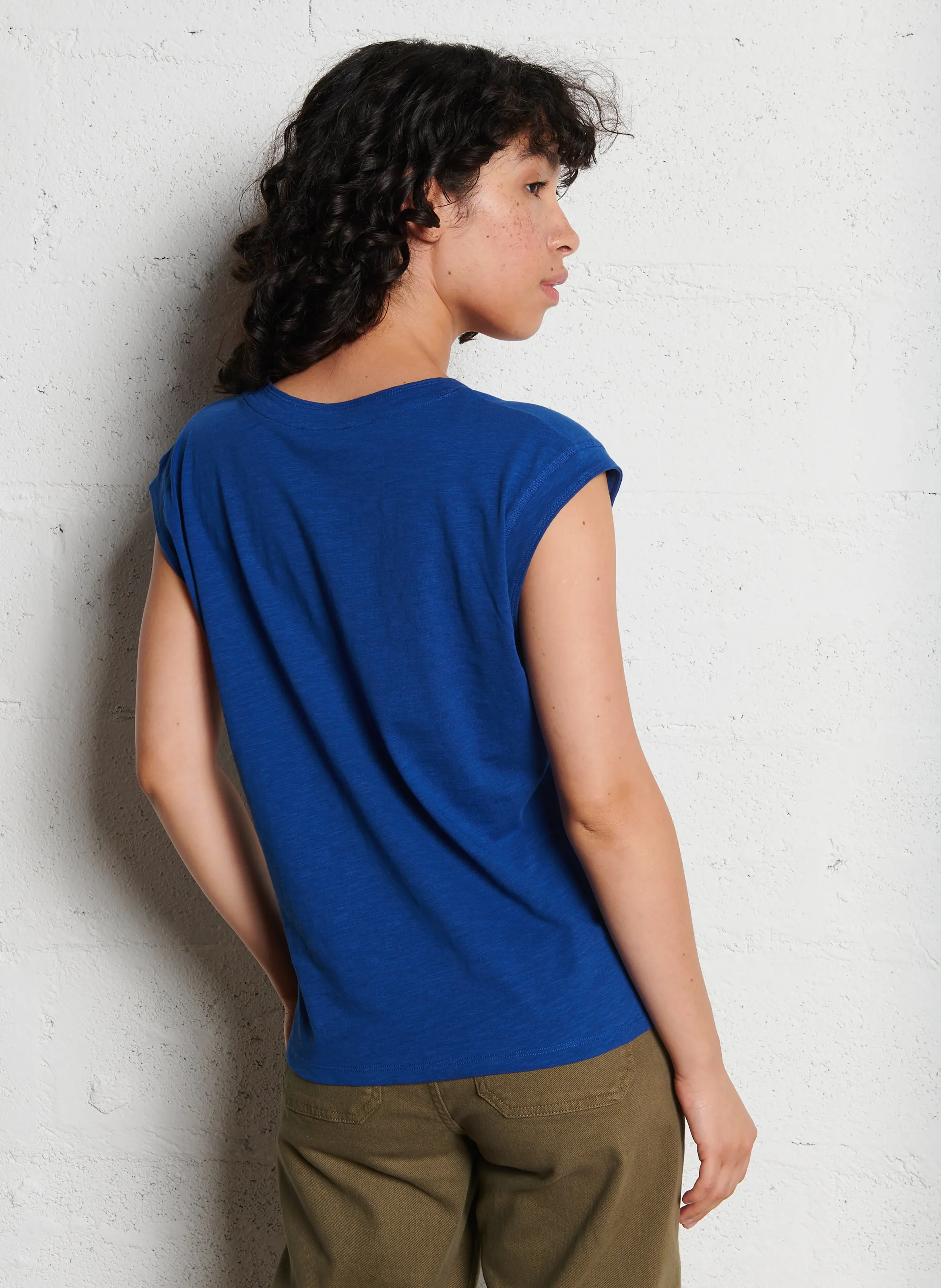MAISON 123 DELYA  CAMISETA SIN MANGAS DE ALGODóN JASPEADO EN AZUL