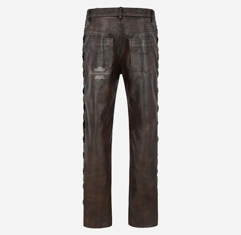 Men's Biker Laced Leather Pants Thick Cowhide Vintage Leather Pants
