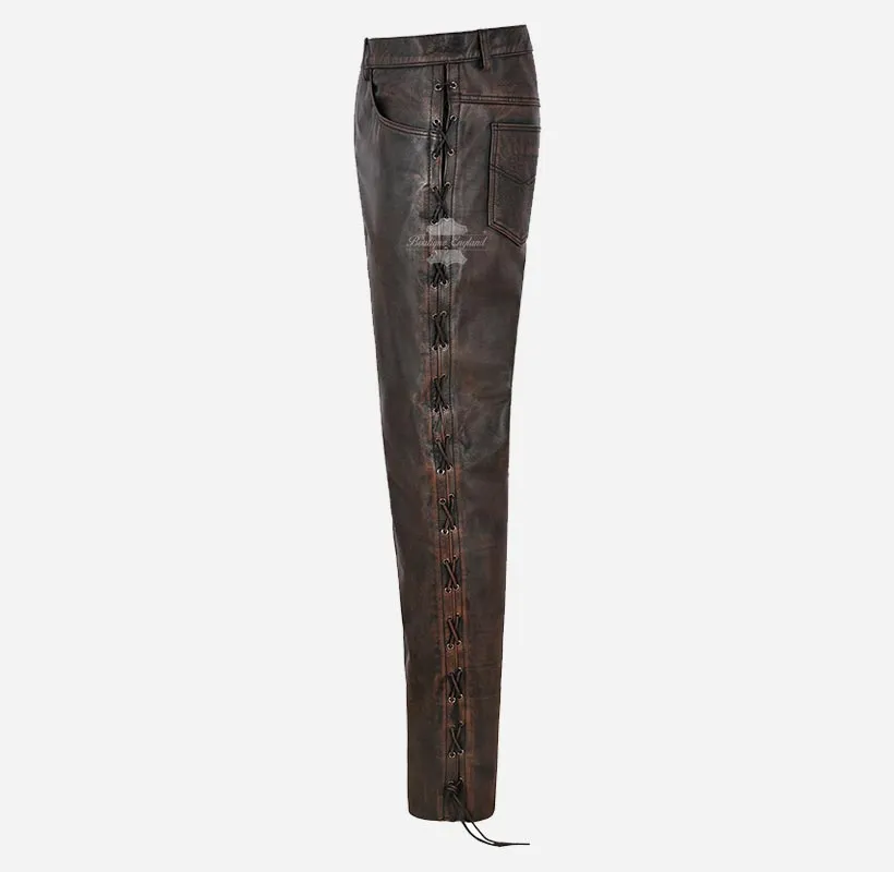 Men's Biker Laced Leather Pants Thick Cowhide Vintage Leather Pants