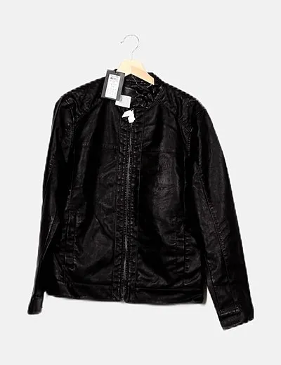 ONLY & SONS Cazadora negra polipiel con cremallera