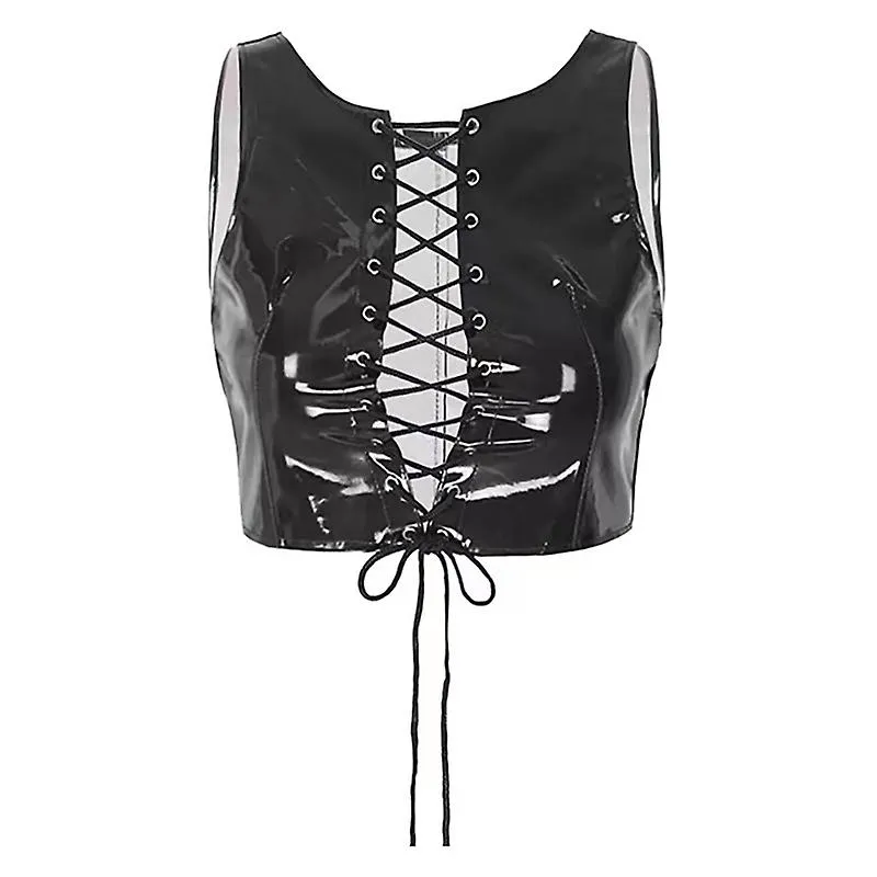 OTWOO CHALECO DE CUERO DE PVC BRILLANTE PARA MUJERES PORN BREAST EXPONIENDO DEEP USHAPED VEST SHINY LATEX SEXY CLEAVAGE LACE ST