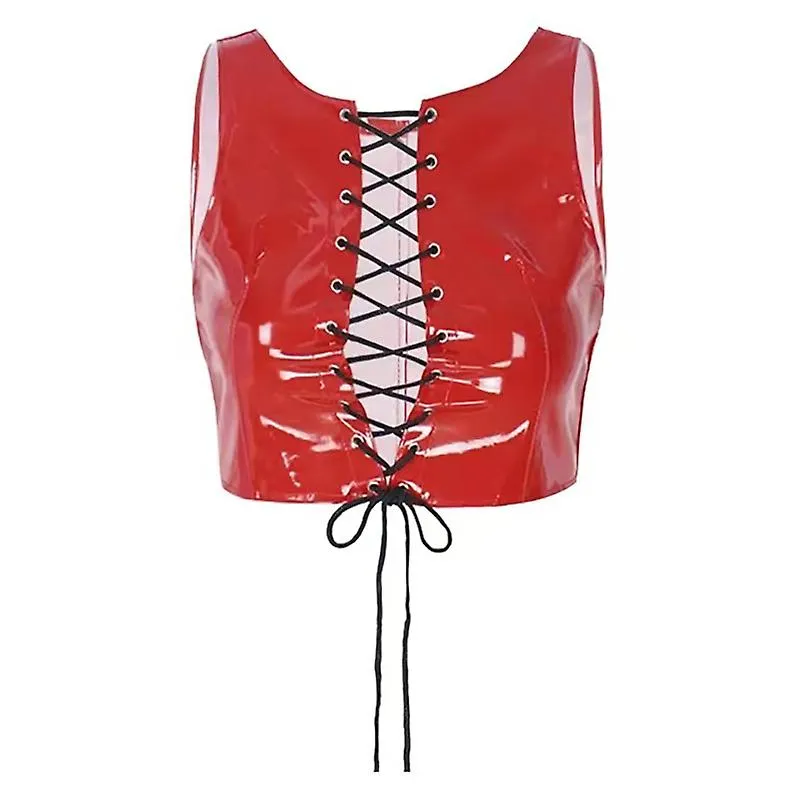 OTWOO CHALECO DE CUERO DE PVC BRILLANTE PARA MUJERES PORN BREAST EXPONIENDO DEEP USHAPED VEST SHINY LATEX SEXY CLEAVAGE LACE ST
