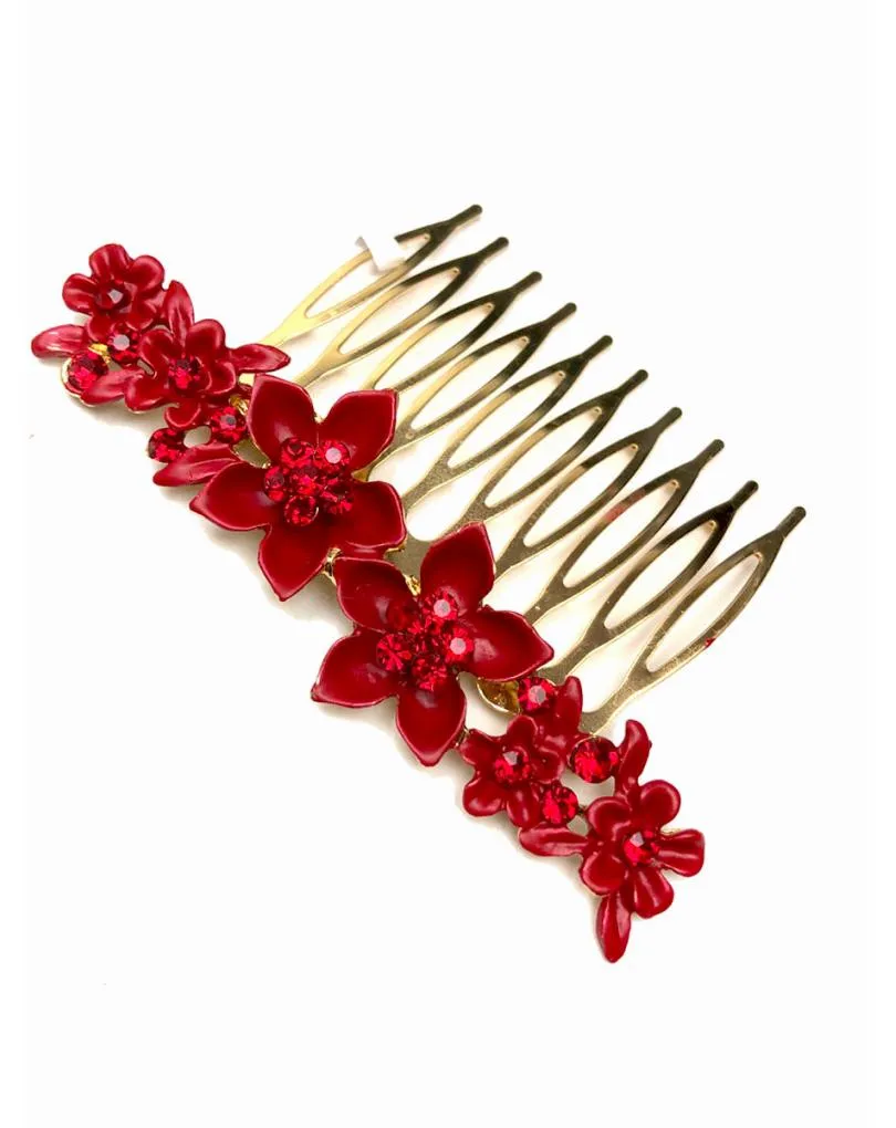 PEINETAS DE FIESTA ROJAS CON FLORES PARA SU PEINADO