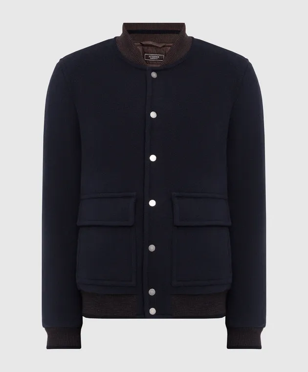 Peserico Blue wool and cashmere bomber jacket with logo patch