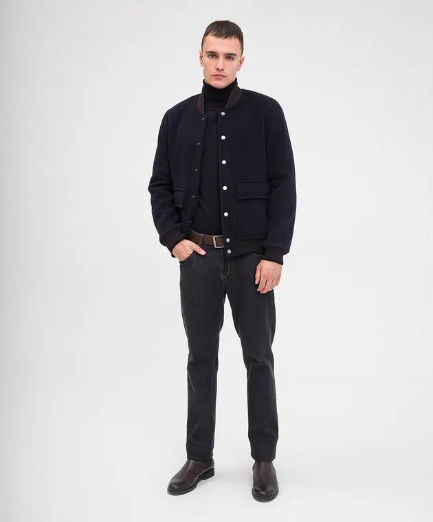 Peserico Blue wool and cashmere bomber jacket with logo patch