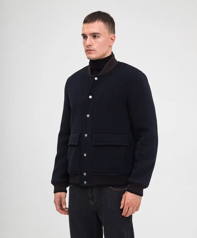 Peserico Blue wool and cashmere bomber jacket with logo patch