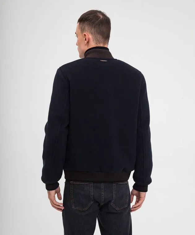 Peserico Blue wool and cashmere bomber jacket with logo patch