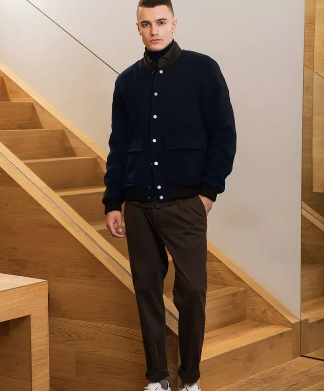 Peserico Blue wool and cashmere bomber jacket with logo patch