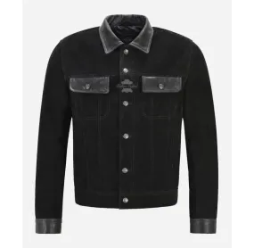 TRUCKER LEATHER JACKET Suede Body Leather Collar & Cuffs Shirt Jacket